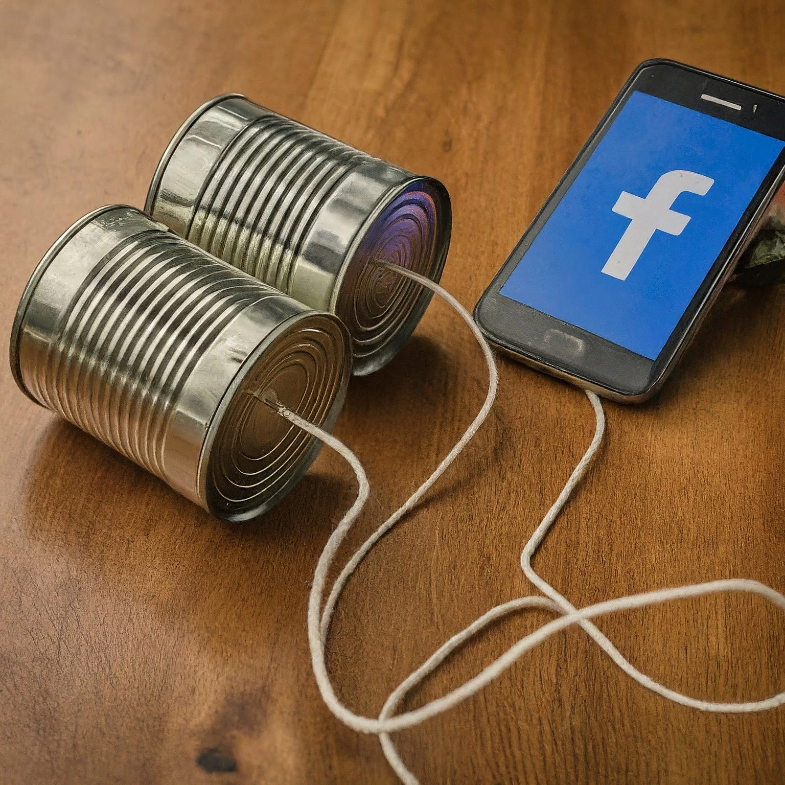 Tin can telephone with Facebook logo on a cell phone